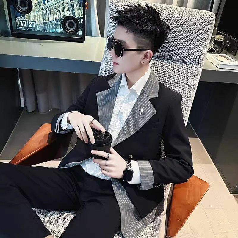 2-B4 Men's handsome fake two-piece suit jacket spring and autumn personalized fan British style new trendy men's small suit