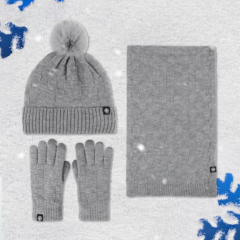 3pc Couples Winter Outdoor Warm Winter Hat Scarf Gloves Three Piece Check Knit Pile Hat Set