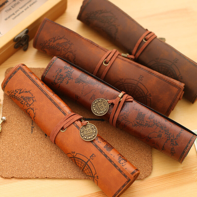 PU Leather Pencil Case Vintage Roll Pencil Bag Large Cpacity Brushes Pen Holder Korean Stationery Storage Pouch Office Supplies