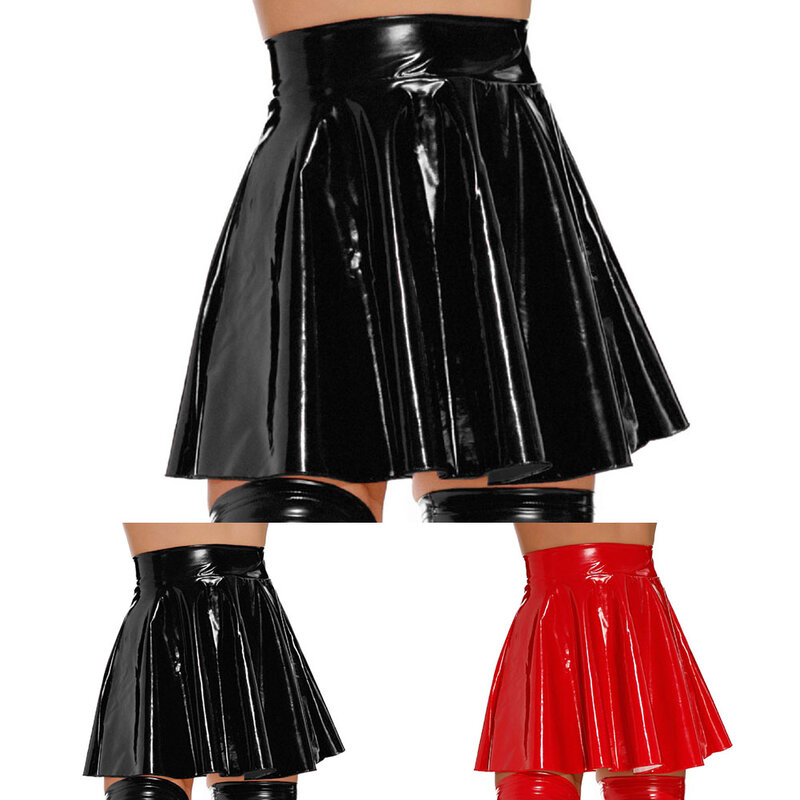 Новая стильная модная юбка, Клубная одежда с высокой талией, плиссированная юбка из ПВХ кожи, пикантная Клубная одежда с небольшим разрезом для танцев