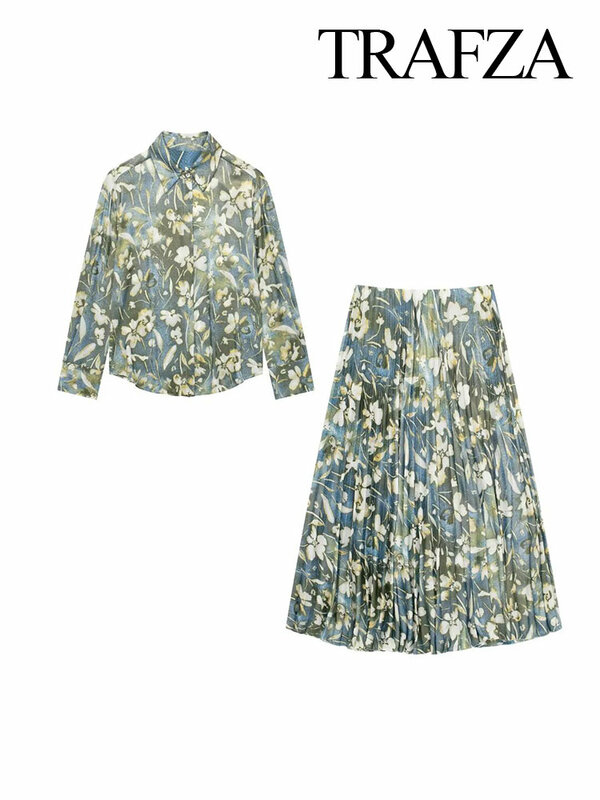 TRAFZA-Conjunto de saias femininas com estampa floral metálica, camisa de mangas compridas, saia midi plissada de cintura alta, elegante, primavera, 2022