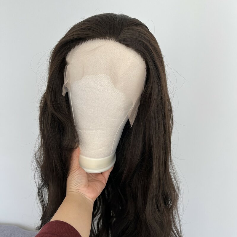 Cosplay rambut sintetik Mode panjang cokelat gelap wig depan renda t-part untuk wanita