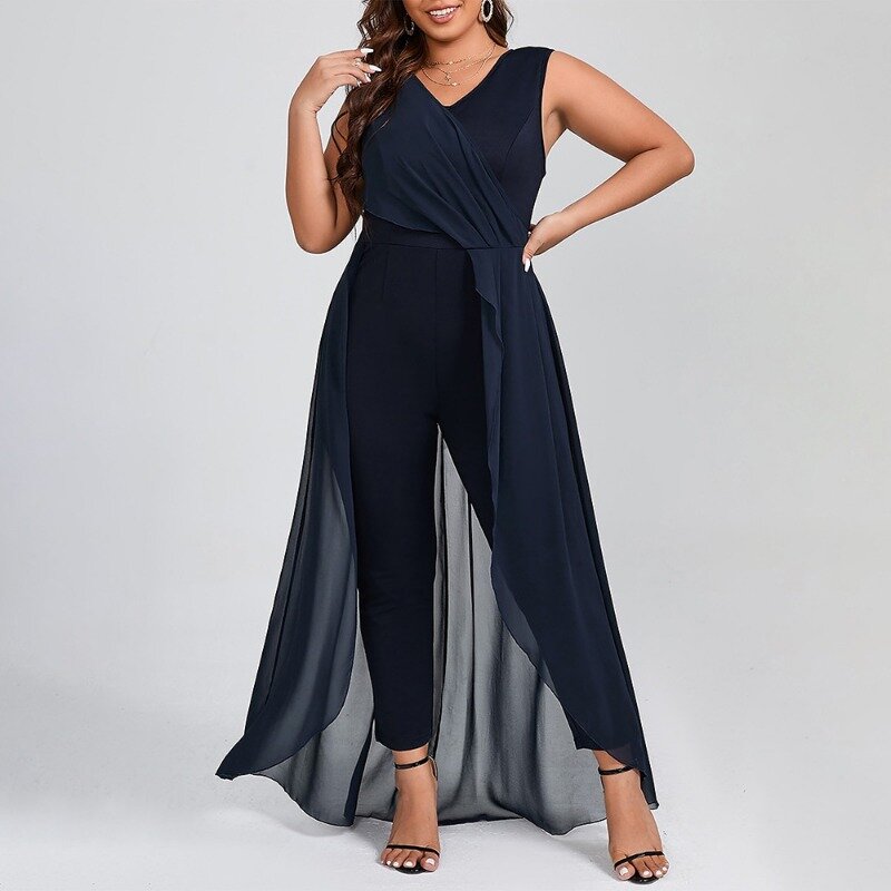 Summer Casual Sleeveless Jumpsuit for Women Clothing Romper Solid Color Jumpsuits Female V-Neck Chiffon High Waist Pants Rompers