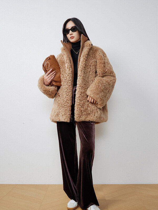 Cappotto di pelliccia a maniche lunghe in lana di agnello con colletto alla coreana staccabile stile autunno e inverno