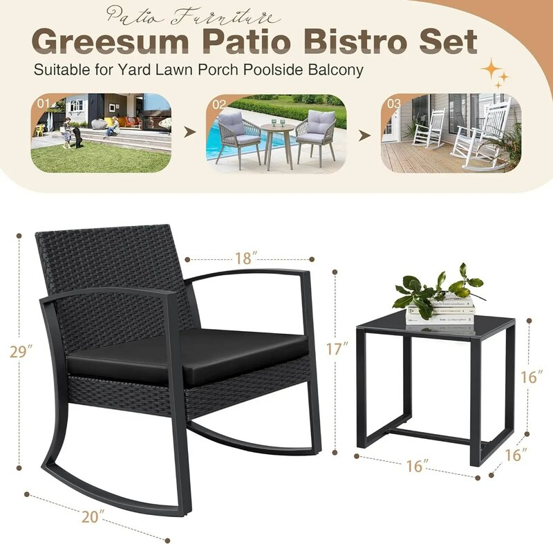 Outdoor Seating Garden Seat with Glass Coffee Table, Black, Pool, Balcony, 3 Pcs/Set