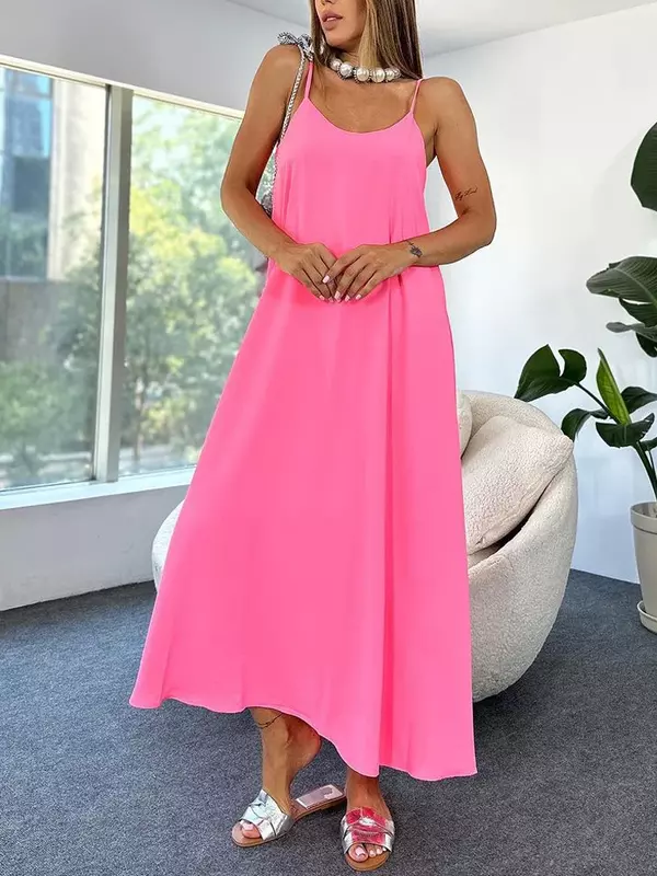 Sexy Satin Spaghetti Strap Dress for Women 2024 Summer Party Backless Dress Rose Red Home Wear Women's Pajamas Dress Vestidos