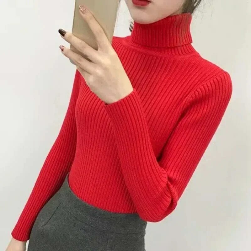 Autumn Winter Sweatshirt for Women High Neck Slim Solid Pullover Knitwear Cashmere Sweaters Ladies White Tops Fashion Sweater