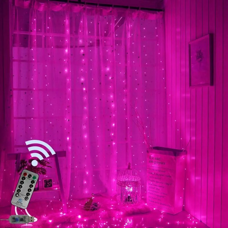 3X3 / 3X2M Garland Curtain Fairy Lights USB Led Lights with Remote Copper Wire Curtain Christmas Led Garland on The Window Pink New Year Decorations 2024 Untuk Dekorasi Natal / Pernikahan / Pesta / Kamar Tidur