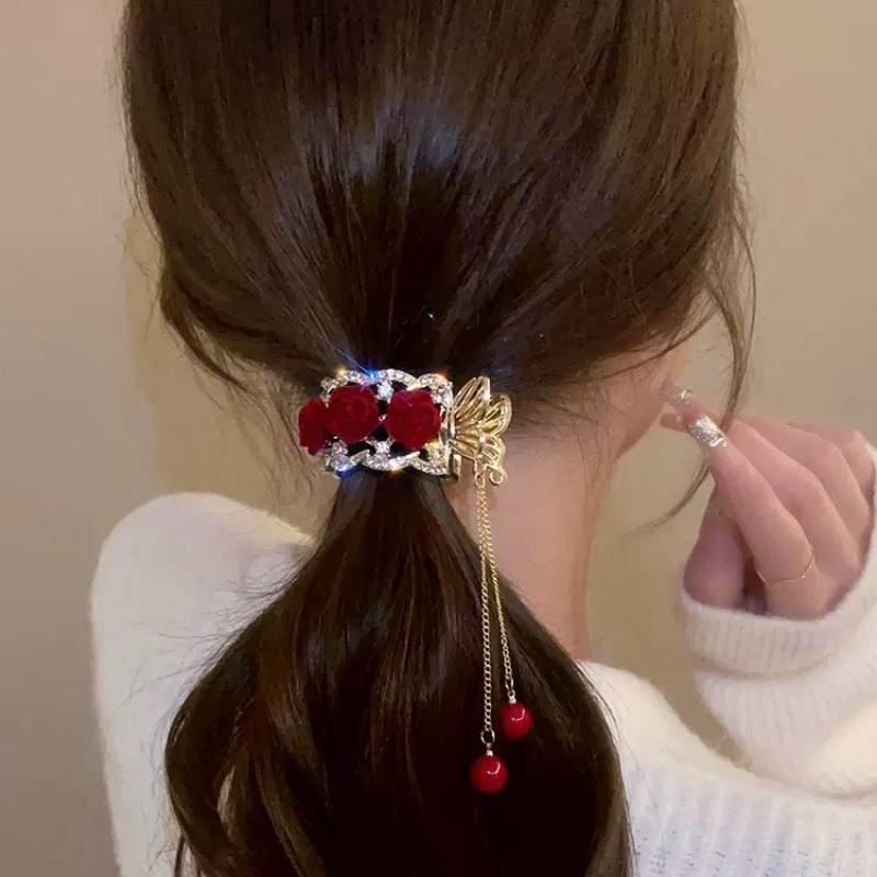 Женская элегантная Пряжка для волос с красной розой и кисточкой для конского хвоста