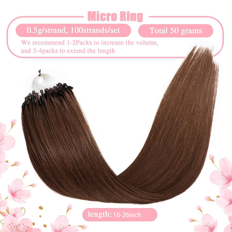 Micro Loop Hair Extension Stick para mulheres, com ponta de cabelo, marrom médio, reto, macio e sedoso, cor #4, #2, 16-26"