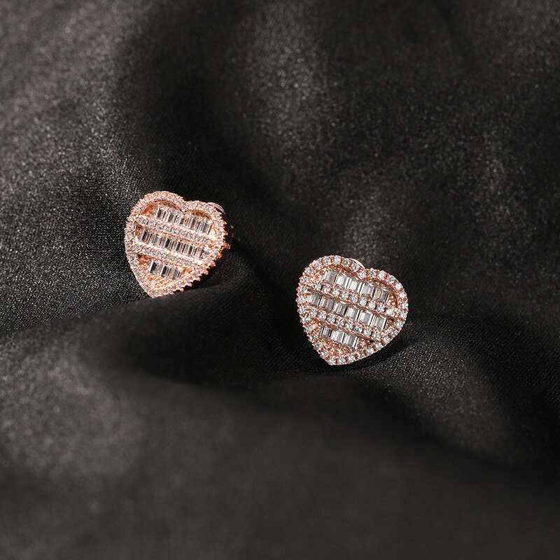 UWIN New Heart Shaped Screw Back Stud Earring Iced Out Baguette Cubic Zirconia uomo donna gioielli Hiphop miglior regalo