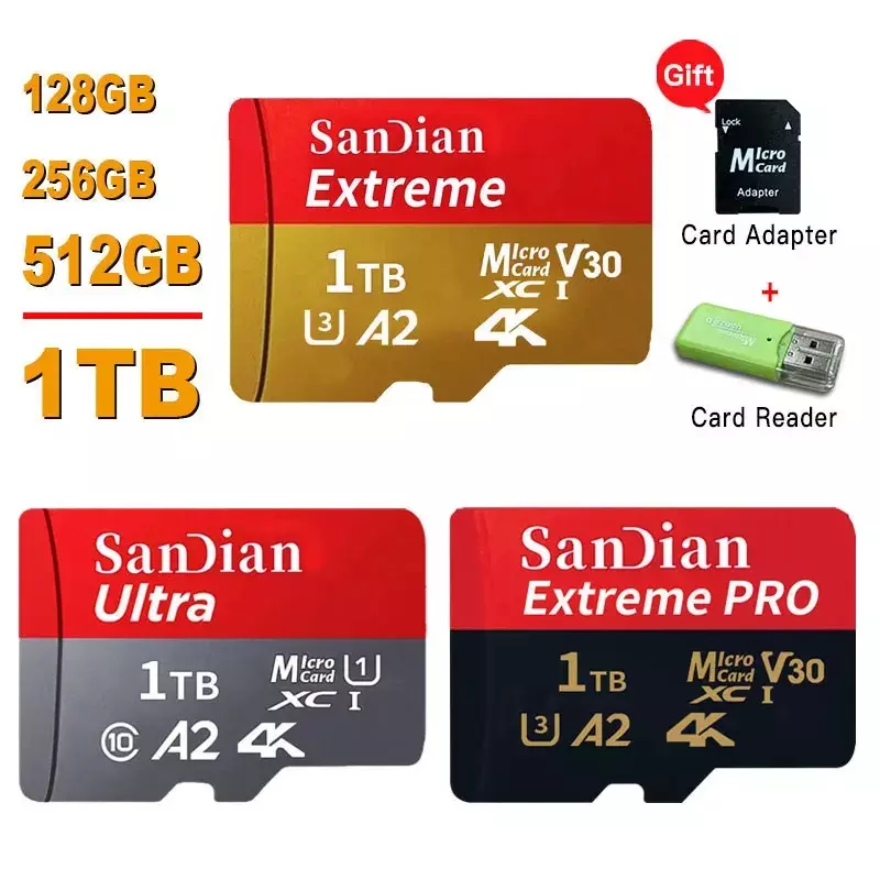 Sandian Extreme Pro kartu memori 128GB, adaptor kartu memori mikro SDXC UHS-I 256GB 64GB U3 V30 TF untuk kamera