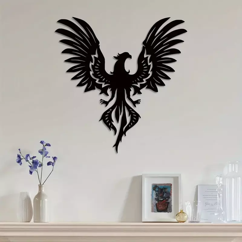 Metal Phoenix Wall Hanging Art, Escultura Ferro Preto, Secular Pássaro, Decorações Modernas Da Parede, Artesanato Cozinha, 1Pc