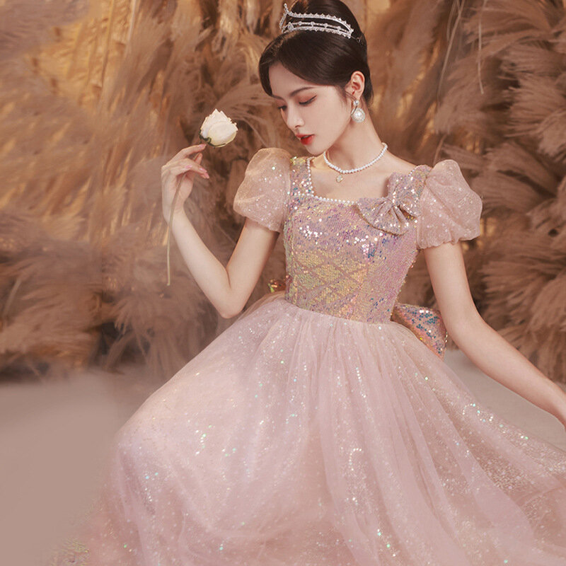 New Pink Long Evening Gown Elegant Gown Annual Meeting Adult Ceremony High-Grade Fairy Bubble Sleeve Sequin Women's Clothing