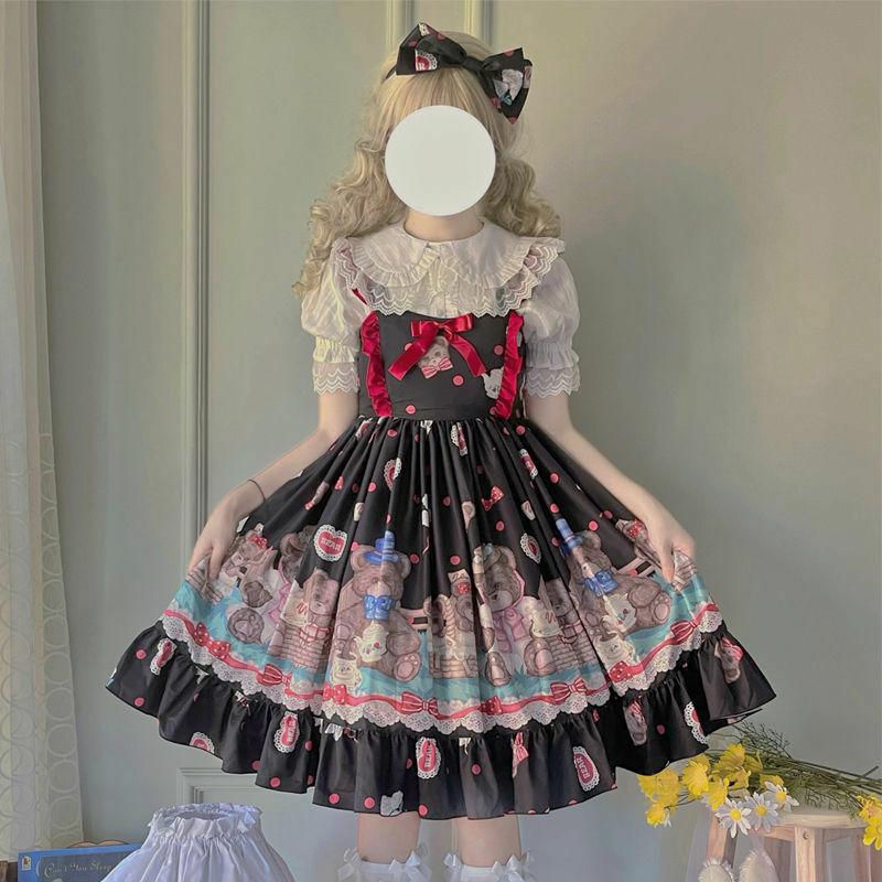 Bonito das mulheres lolita urso parque vestido kawaii japonês jsk suspender vestido boneca vestido feminino menina de fadas vestidos