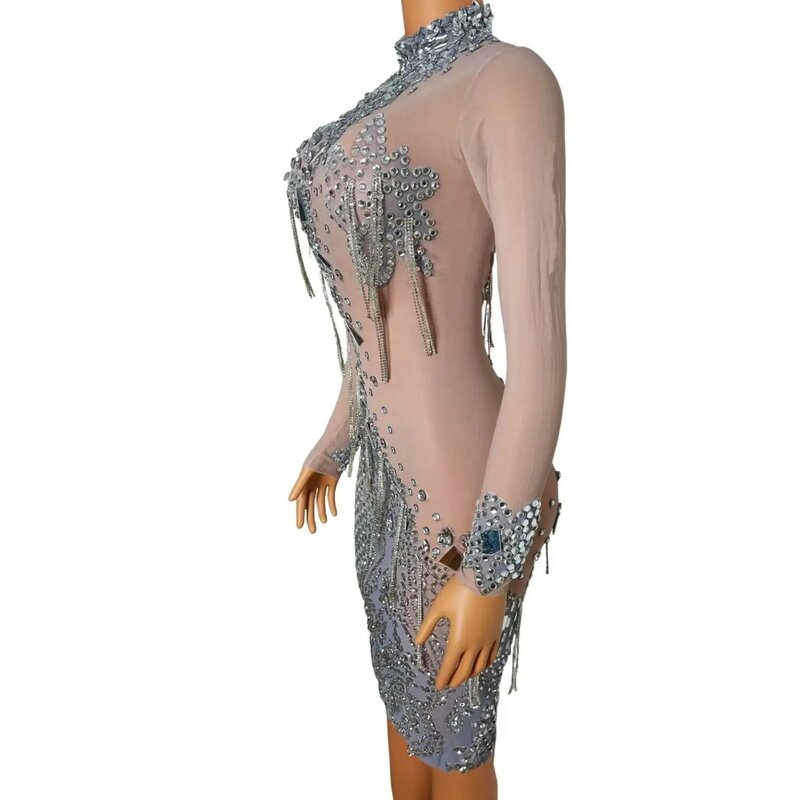 Блестящее серебряное зеркало, Сетчатое платье, сексуальный костюм на день рождения с бахромой, костюм для ночного клуба, шоу, наряд дахан