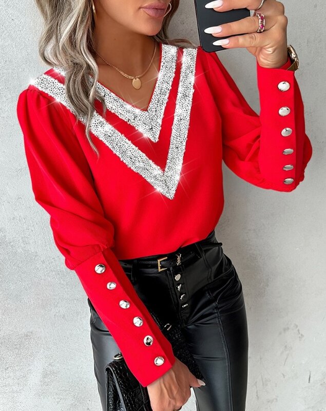 blouse for Women 2023 Autumn Winter Sexy V Neck Tops Pullover Ladies Long Sleeve Contrast Sequin Buttoned Casual Loose Shirt