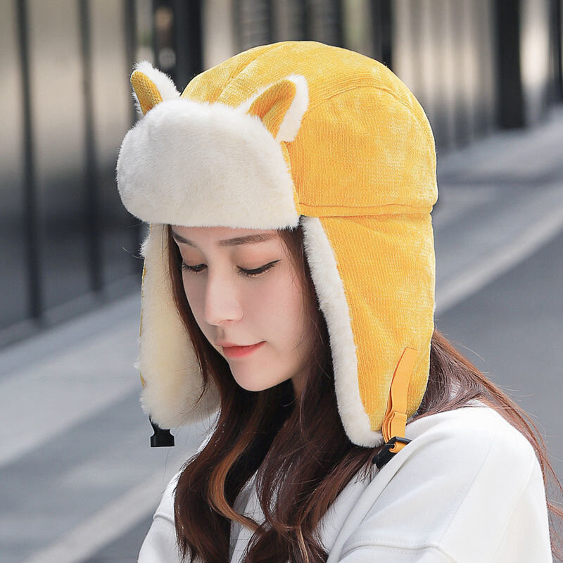 ที่ปิดหูแบบหนาป้องกันความหนาวเย็นของผู้หญิงสำหรับฤดูหนาวหมวกผ้าฝ้ายอุ่นมีหูสำหรับแมวหมวกรัสเซีย