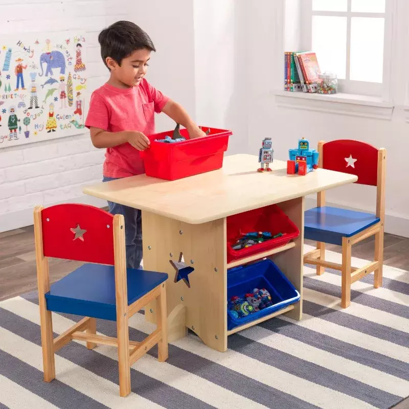 Деревянный стол со звездами и стульями в комплекте с 4 ящиками, красный, синий и натуральный