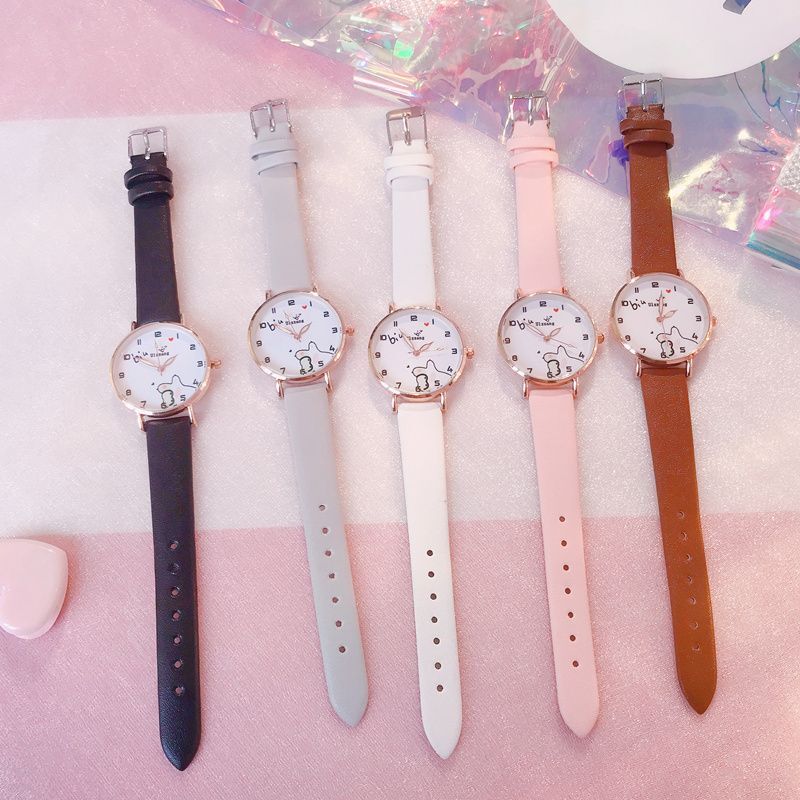 2023 New Cute Girl Watch Student Primary School Student Pink Leather Glow Quartz Watch Birthday Gift