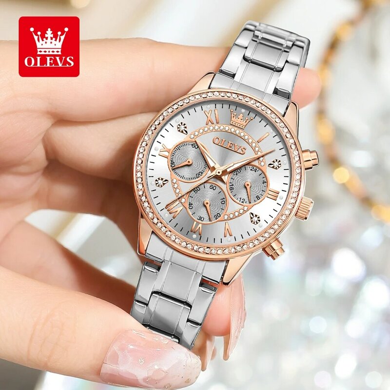 OLEVS-Elegante relógio de quartzo feminino, diamante de luxo, três pequenos mostradores, multifuncional, impermeável, marca de topo