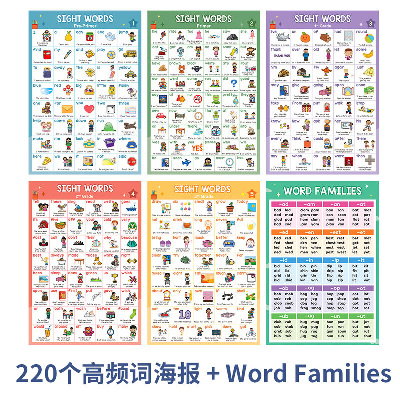 Carteles A3 de aprendizaje de palabras y palabras para niños, carteles de decoración para el aula, material didáctico para preescolar, 6 unidades, 220