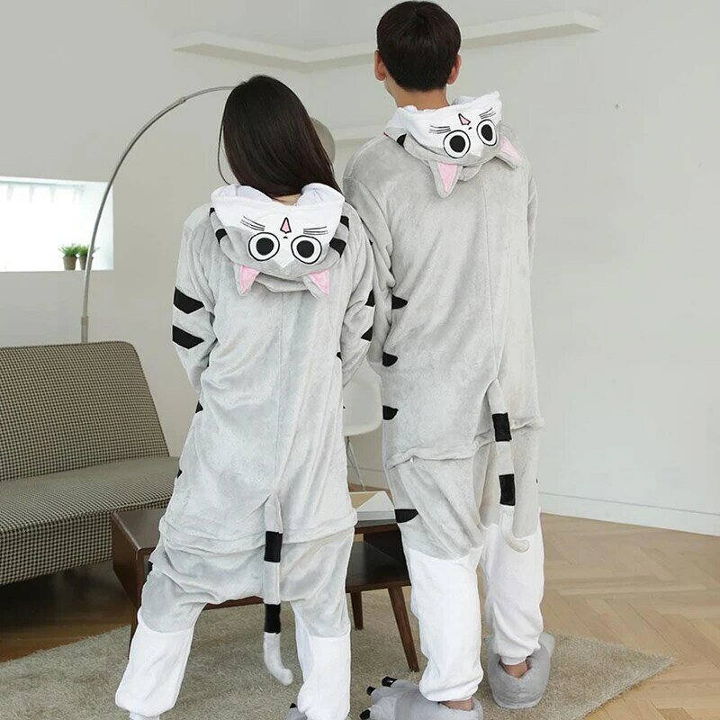 Piyama Jumpsuit hewan Kigurumi, pakaian tidur bertudung Kostum Halloween untuk pasangan wanita dewasa, pakaian rumah tersedia