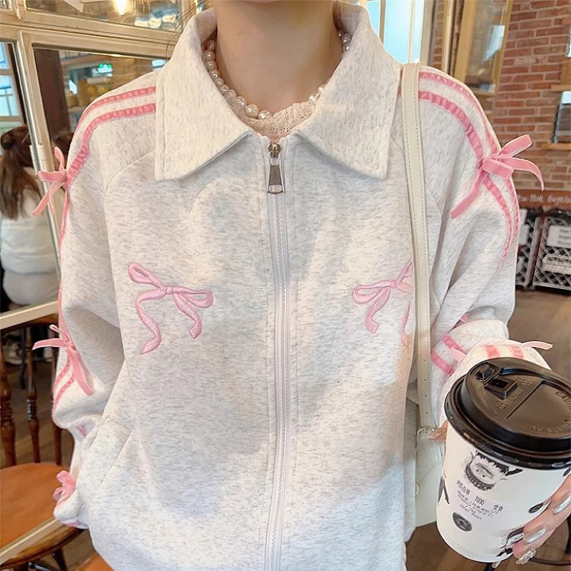 Korean style fashion Zipper Bow Embroiderycute Pink Clothes Thickened Hoodie Skirt Suit for Women Campus Students Free Shipping