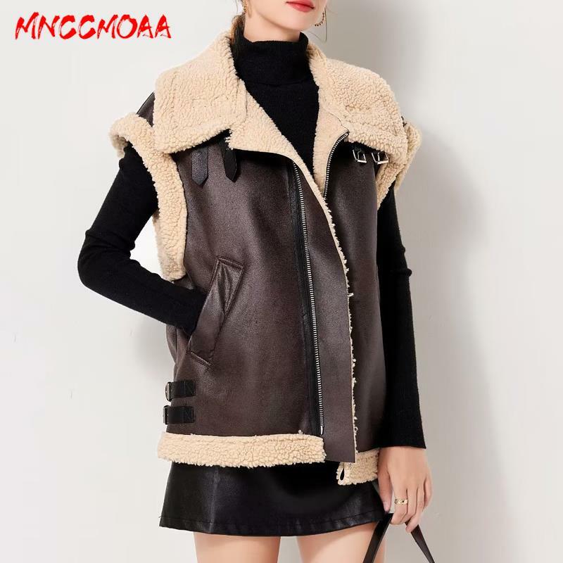 MNCCMOAA 여성용 지퍼 양털 인조 가죽 재킷, 여성 캐주얼 민소매 조끼, 두껍고 따뜻한 조끼, 아웃웨어, 2024 겨울 패션