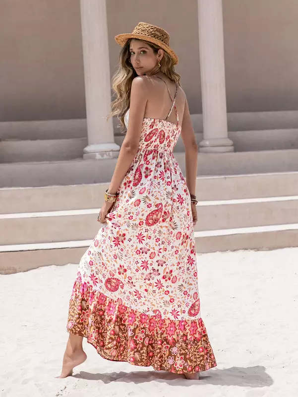 2024 neue Damen Sweet Neck holder Print Urlaubs kleid langes Kleid sexy Kleid Sommer modisch und luxuriös für Frauen