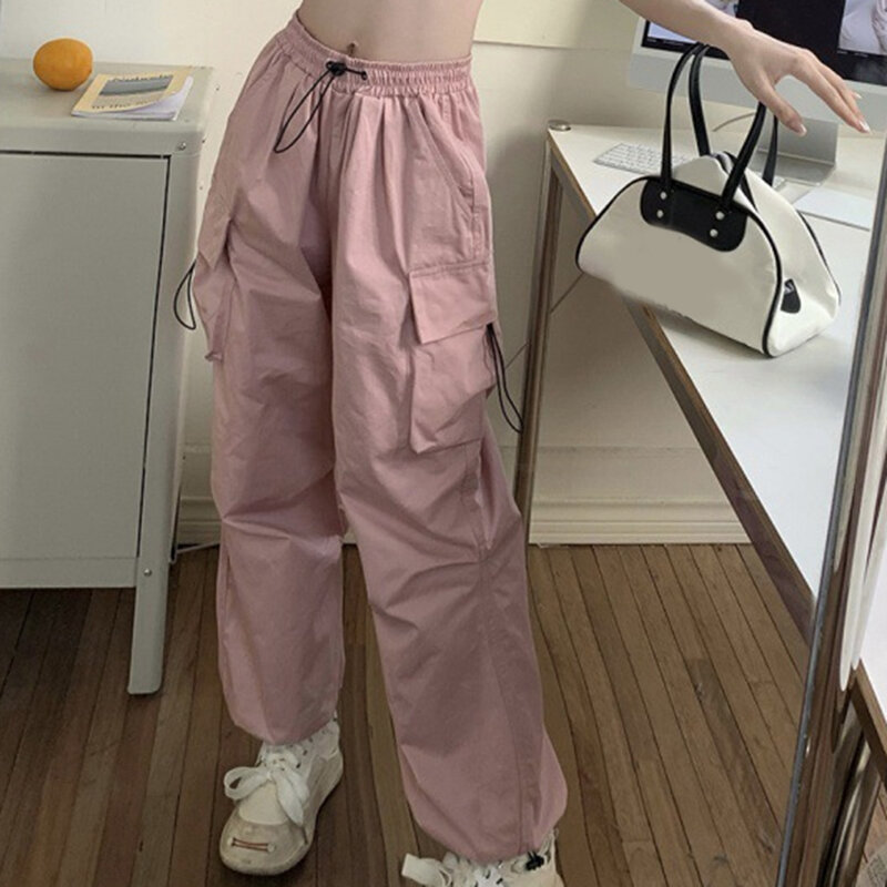 Celana olahraga kaki lebar wanita, celana joging Hip Hop warna Solid mode nyaman