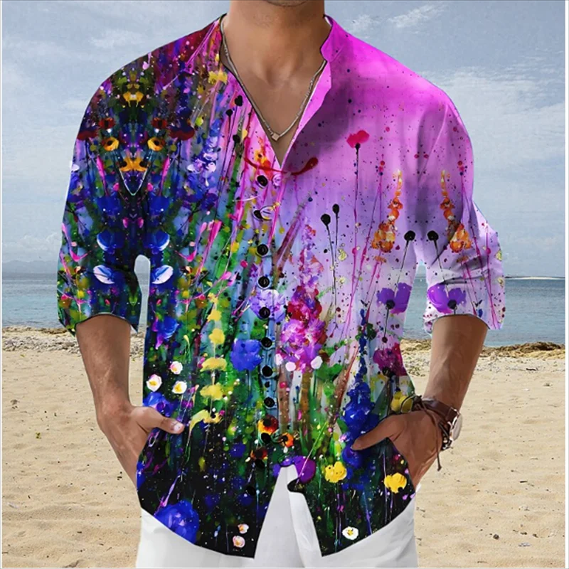 Graffiti floral estampado de manga comprida camisa extragrande masculino, lapela casual, cardigan de rua, verão, 2024