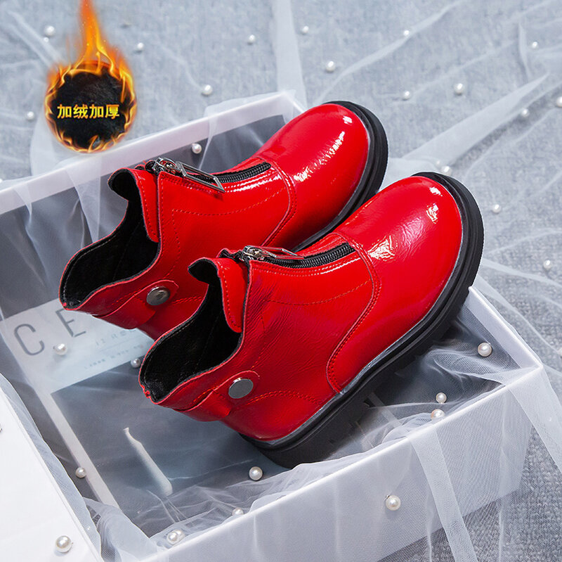 Vermelho zíper frontal legal brilhante botão traseiro all-match crianças moda botas curtas para meninas não-deslizamento japonês primavera & outono novo