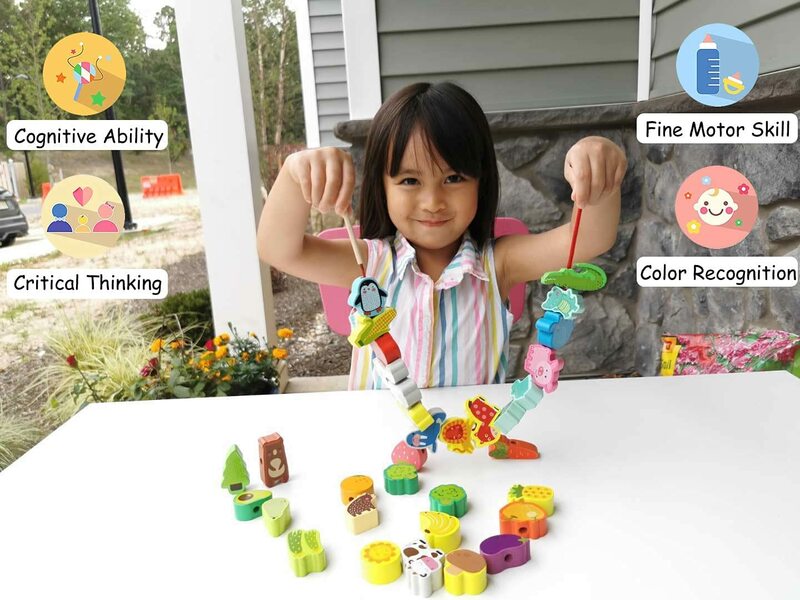 Brinquedos de madeira para bebê, desenhos animados, frutas, animal, corda, rosqueamento, grânulos, monterssori, educacional para crianças