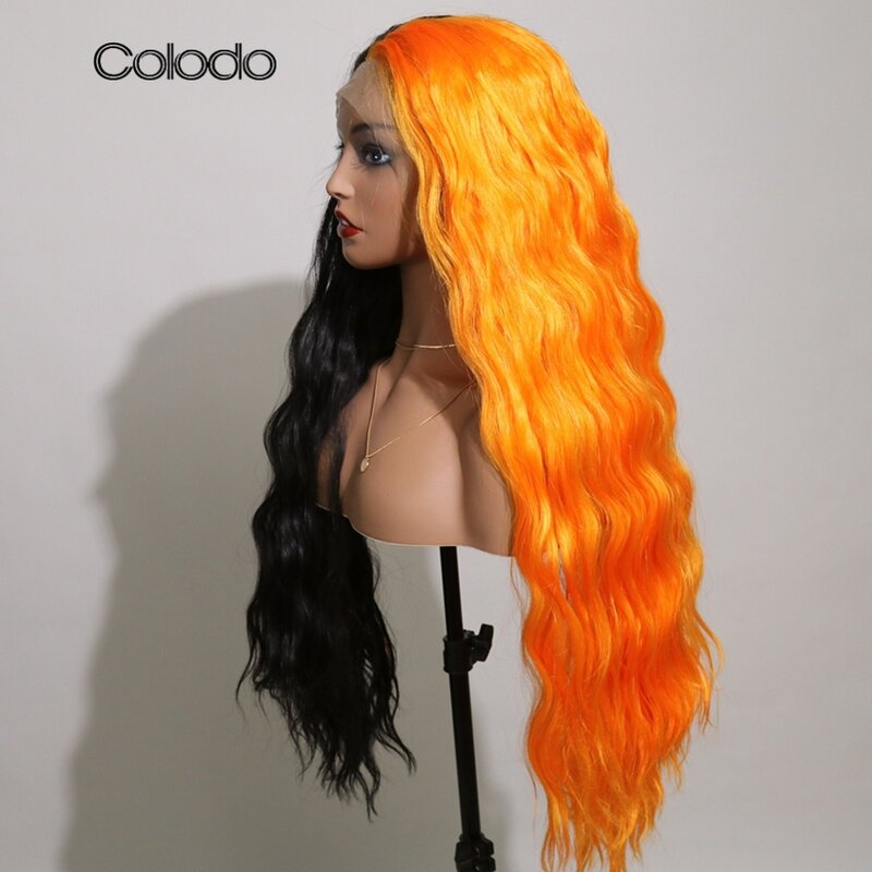 COLODO High Temperature Fiber Highlight Half Orange Black Synthetic Lace Front Wig Drag Queen Body Wave Cosplay Wigs for Woman