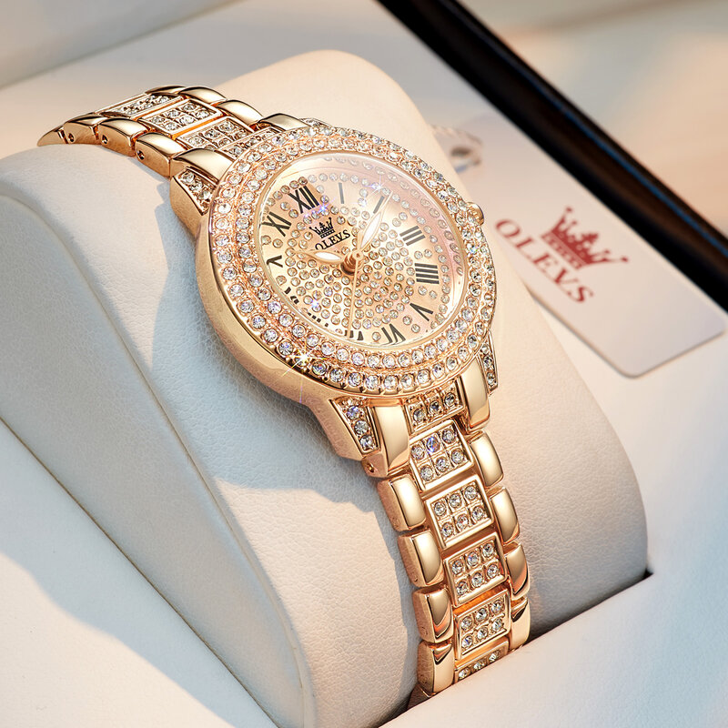 OLEVS-Reloj de pulsera de cuarzo de acero inoxidable para mujer, cronógrafo de lujo, resistente al agua, con diamantes originales, elegante, a la moda