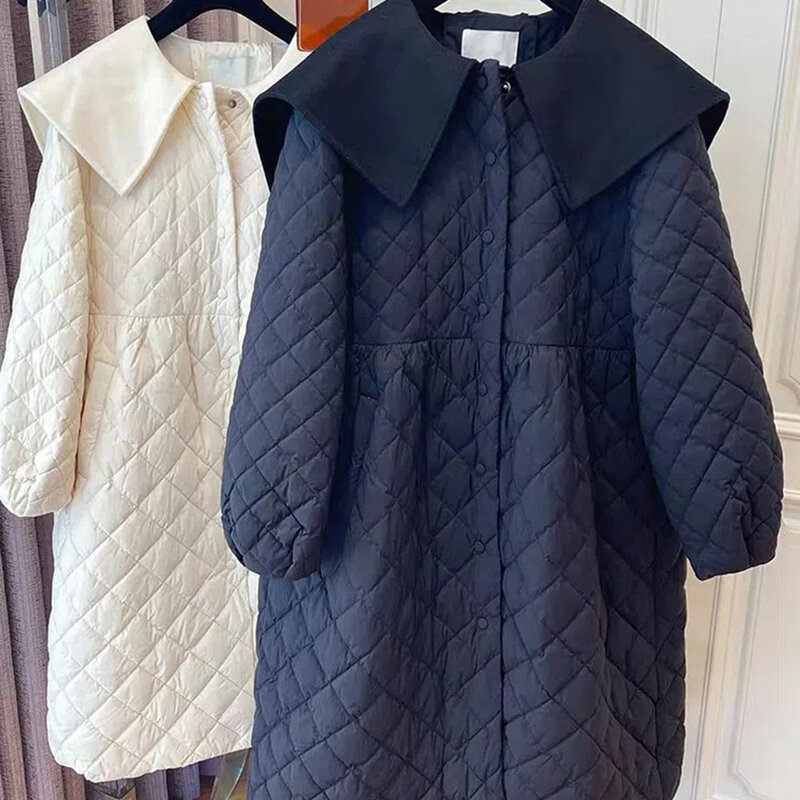 Abrigo-Jaqueta de algodão losango feminina, Parkas estilo coreano, casacos casuais soltos, outerwear fino para senhoras, inverno