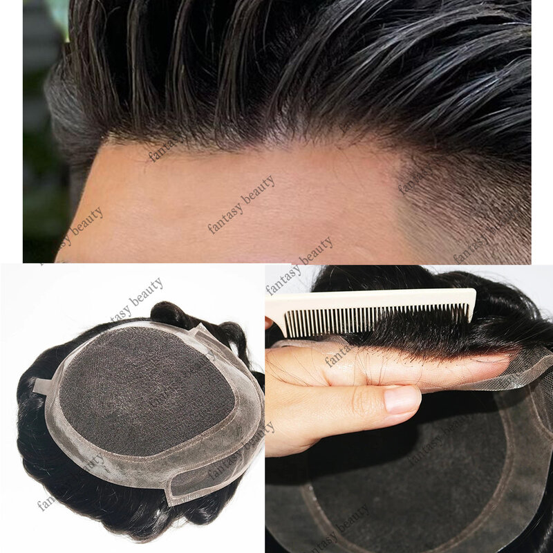 Renda Swiss transparan HD & kulit tipis dasar Pu rambut manusia pria prostesis rambut palsu sejuk sistem rambut palsu Hairline8x10Men's alami