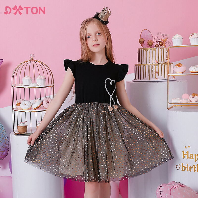 DXTON-여름 공주 드레스 플레어 슬리브 유니콘 프린트 드레스 여아용, 어린이 의류 3-8Y