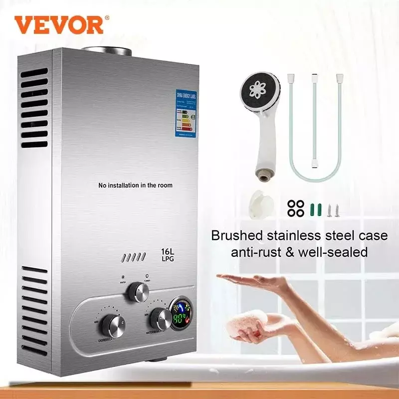 Vevor-6l/8l/10l/12l/16l/18l pg給湯器プロパンガスパンクレスインスタント浴槽シャワーキット4.8gpm