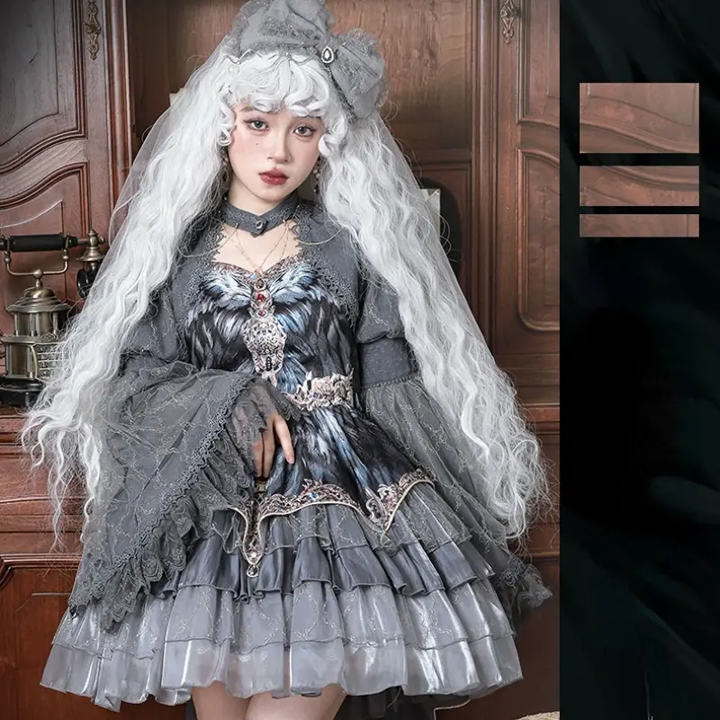 Japanese Victorian Vintage Lolita Halter Dress Women Gothic Style Harajuku Y2k Grey Layered Cake Dresses Girls Kawaii Cute Dress