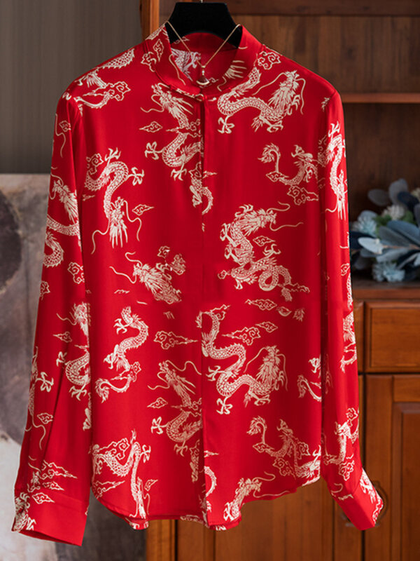 InjShirt imprimé motif dragon pour femmes, col montant, bouton, mûrier, haute qualité, 14-yun, Y2k