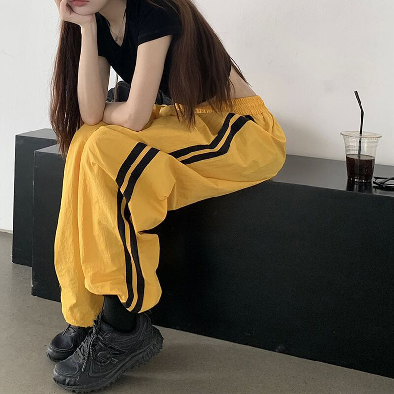 American New High Street Vintage Wide Leg Sporty Pans Women Solid Striped High Waist Pocket Drawstring Loose Straight Trousers