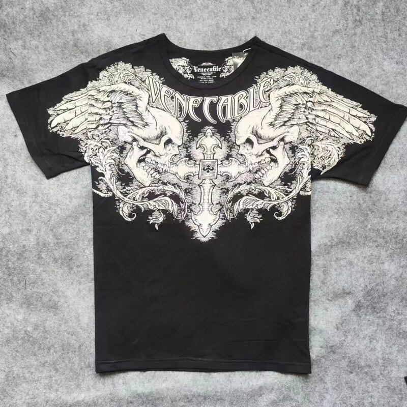 Europejski i amerykański t-shirt z krótkim rękawem rock and rollowym nadrukiem czaszka z okrągłym dekoltem w starym stylu zgrany swobodny bawełniany materiał