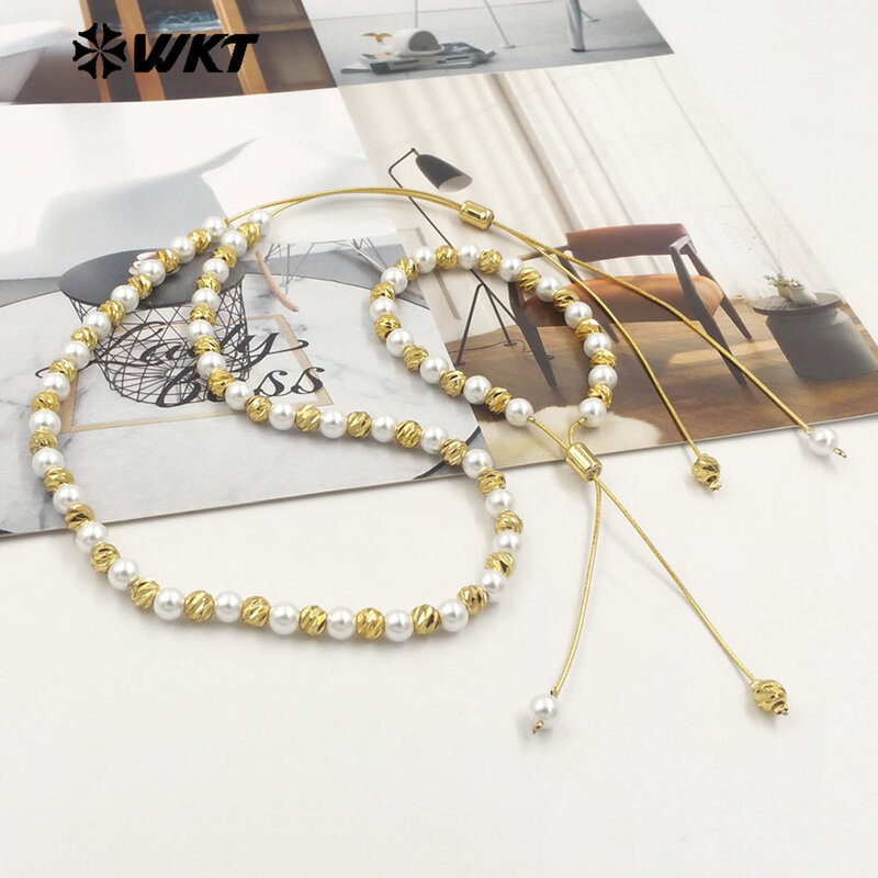 Banhado a ouro mão Strand colar, corrente ajustável, conectar pérolas, moda elegante, atacado, 10pcs, WT-JFN20