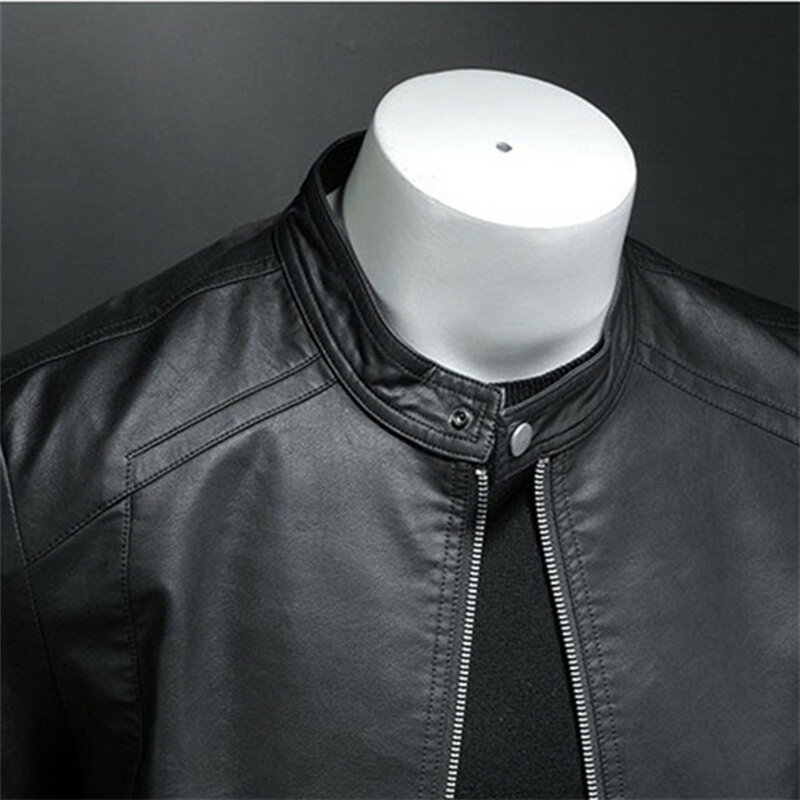 Chaqueta de cuero sintético para hombre, abrigo ajustado con cuello levantado, informal, para motocicleta, primavera y otoño