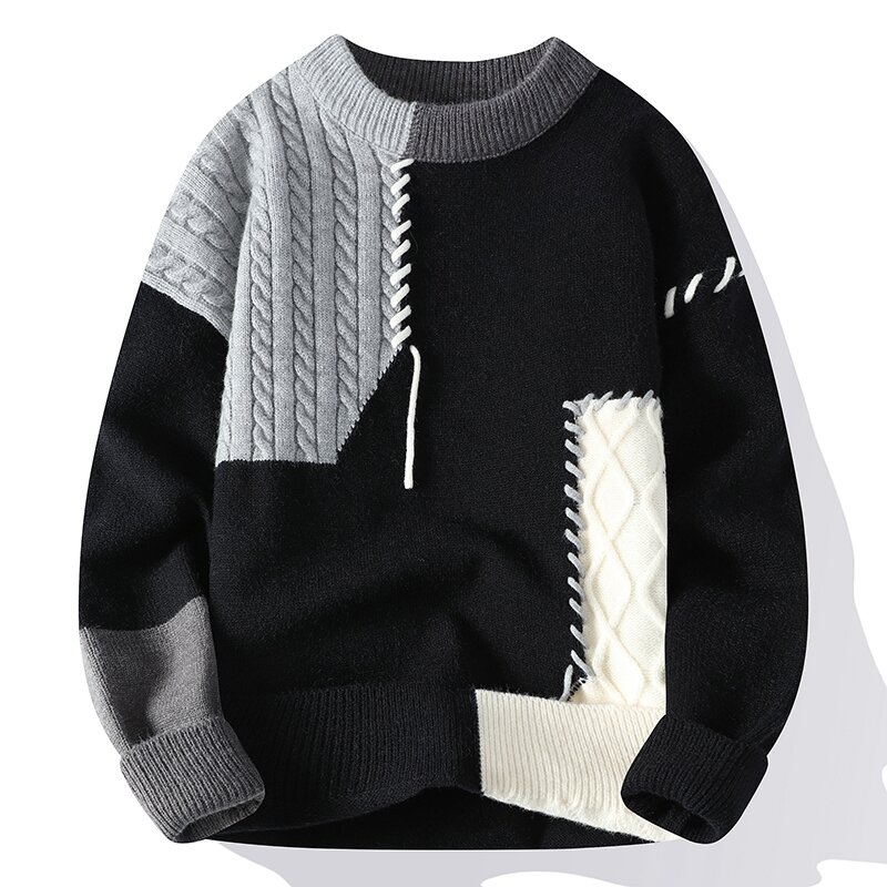 Jesienno-zimowe ciepłe męskie swetry z golfem patchworkowe swetry nowy w koreańskim stylu moda uliczna sweter codzienna odzież męska
