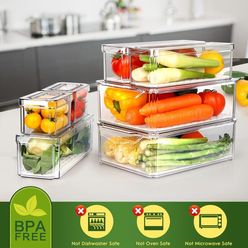 กล่องใส่ของจัดระเบียบในตู้เย็น14แพ็ค, กล่องใส่ของจัดระเบียบในตู้เย็นวางซ้อนกันได้พร้อมฝา, ที่จัดระเบียบในตู้เย็นปราศจากสาร BPA และภาชนะเก็บของ