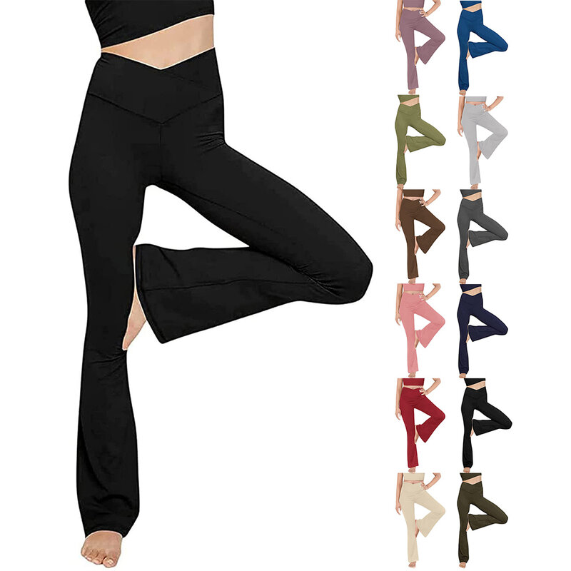Pantalon de yoga Bootcut avec fente croisée, taille haute, leggings évasés avec poches, idéal pour le sport et les loisirs, S, média