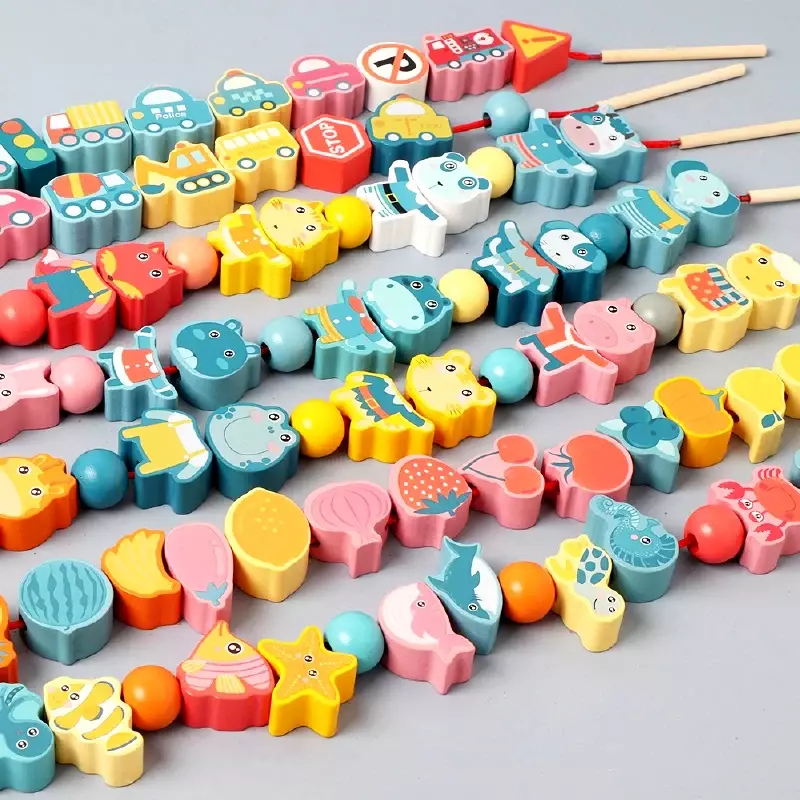 DIY Montessori Holz Spielzeug Cartoon Tier Obst Geometrie Block bespannen perlen Spielzeug Threading Schnürung Perlen Perlen Spiel